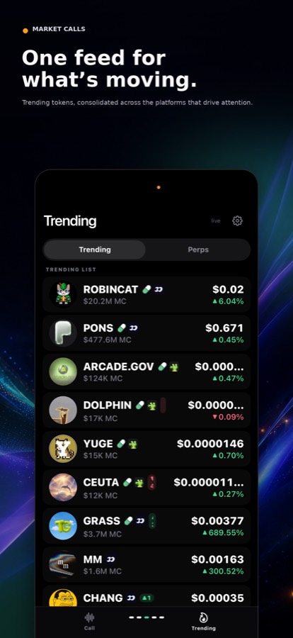 The Trending board, showing tokens active across public venues